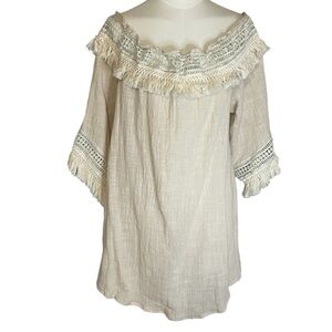 BOHO Festival County Concert 100% Cotton Top Shirt Fringe Lace size Large L CLAY